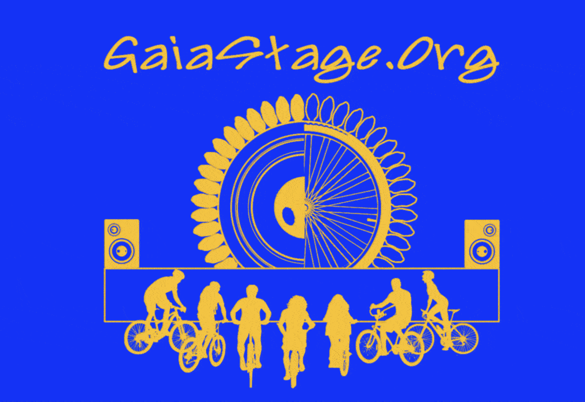 Gaia Stage Logo, showing a stage with a circle which is half spoke-wheel half loudspeaker
