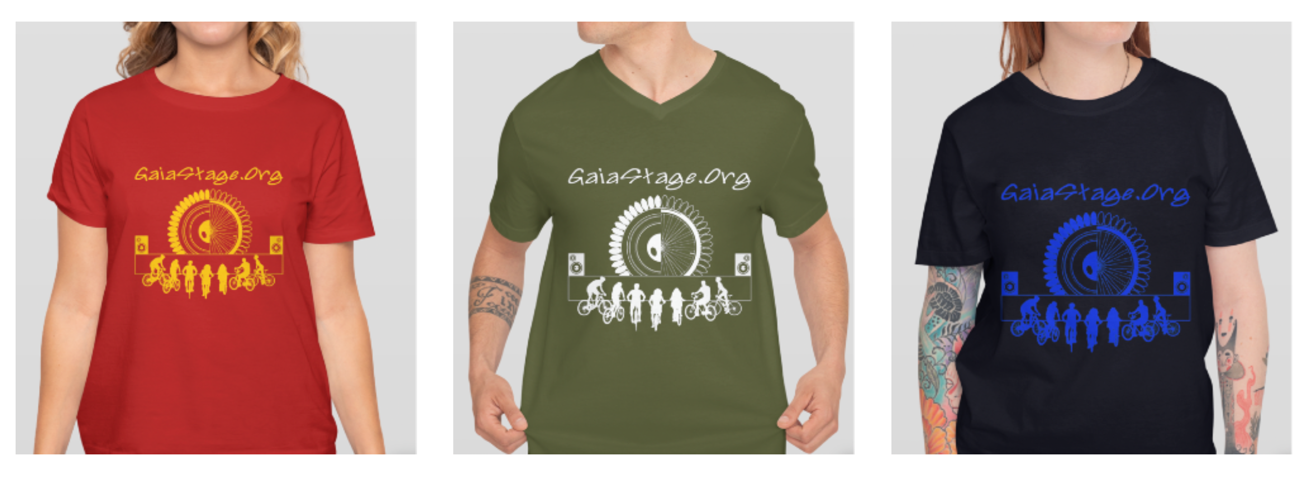 3 models wearing GaiaStage T-shirts